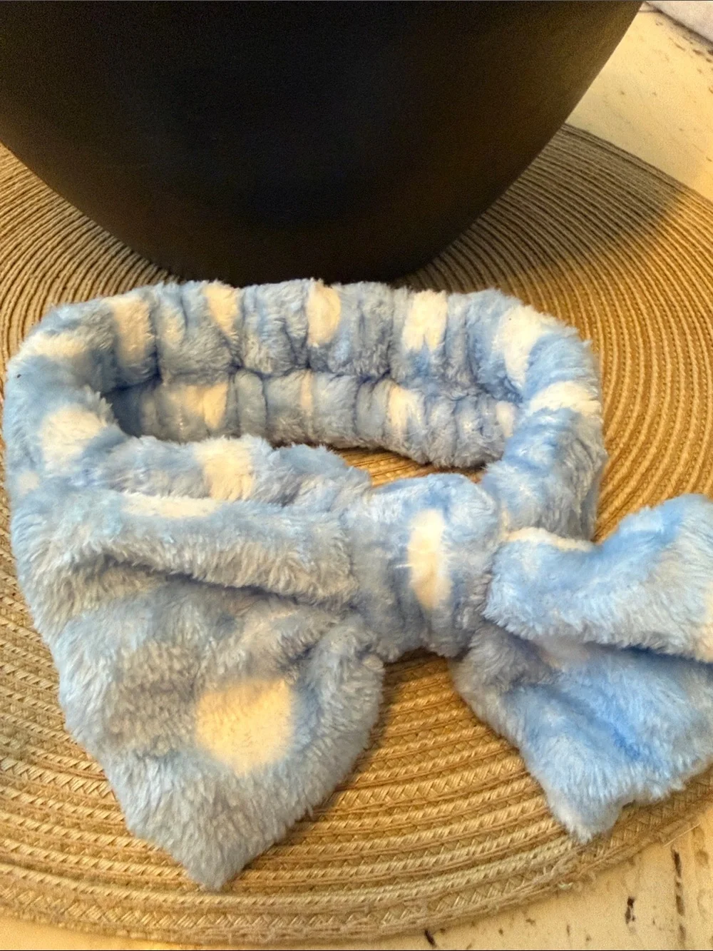 NWOT Plush Soft Light Blue Bow Headband for Kids W/White Clouds Print 4